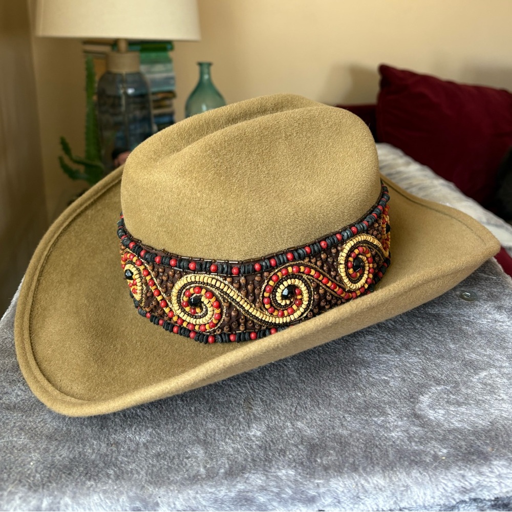 Vintage Eric Javits tan cowboy hat with beaded band